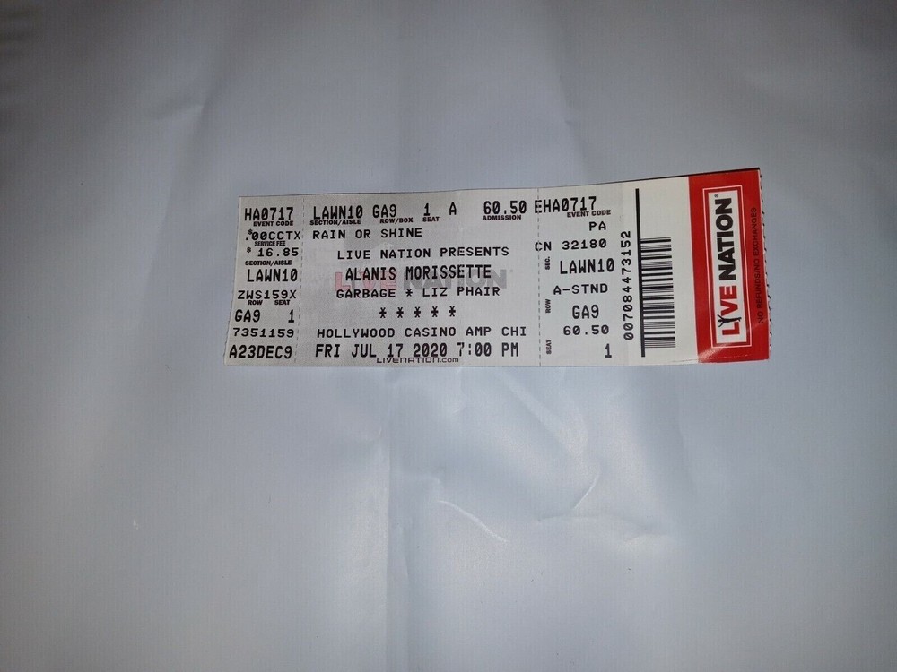 Alanis Morissette & Garbage 9/11/21 2021 Concert Ticket Stub Resch 7/11/20 2020
