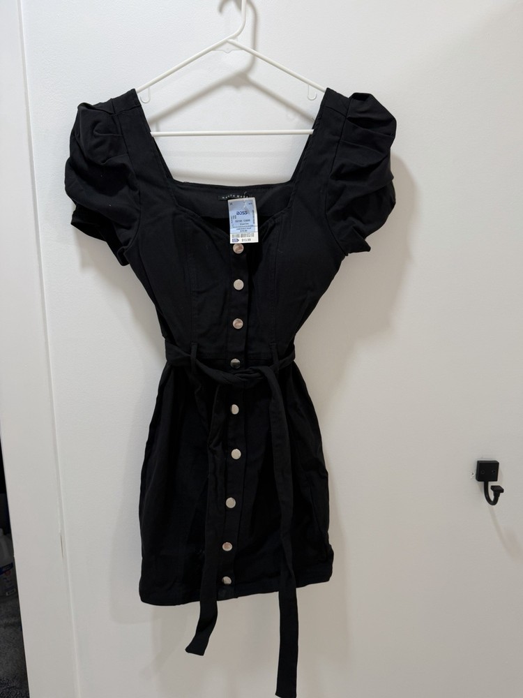 Haute Mond Black Button Puff Sleeve Belted Short A-Line Dress M