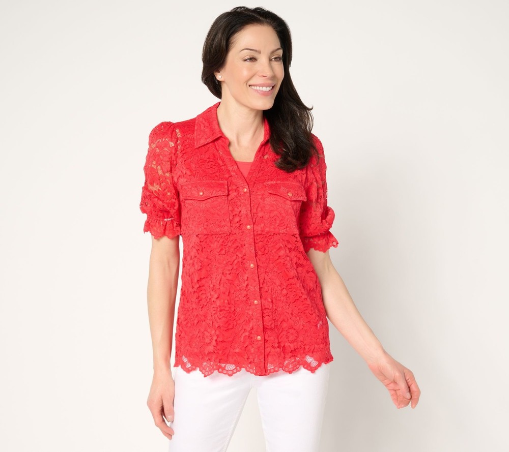 Susan Graver Women's Top Plus Sz 2X Occasions Short-Sleeve Red A680499