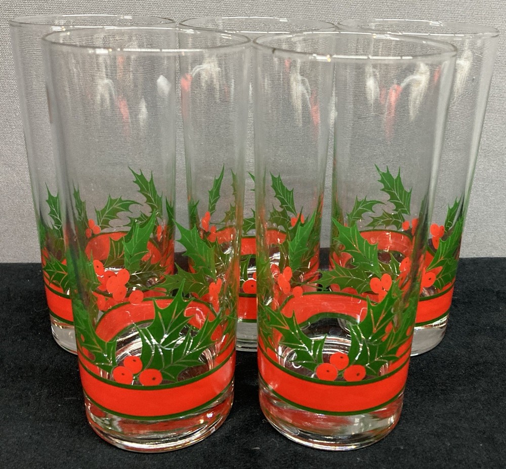 Libbey Holly & Berries Christmas Highball Glasses 16oz Set of 5