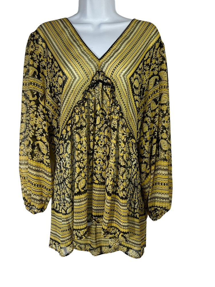 Rose + Olive Blouse Tunic size Extra Large Yellow Gold Black Sheer Paisley Boho
