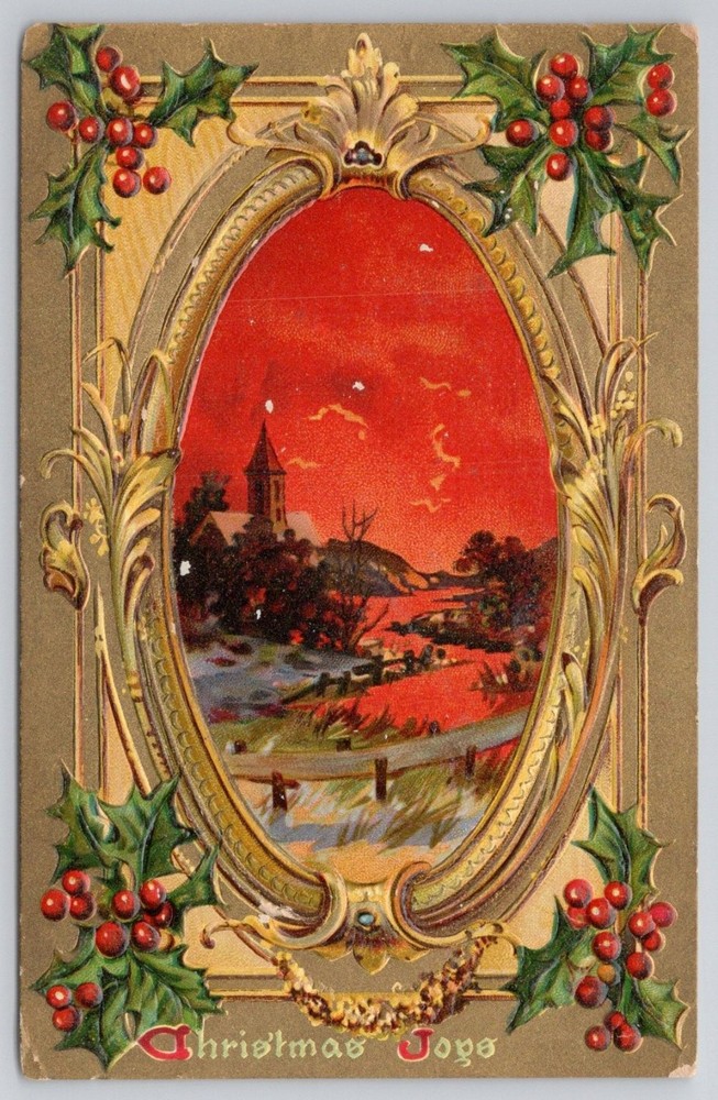 Tuck's Christmas Joys Postcard 1908 Embossed Holly Winter Church Scene