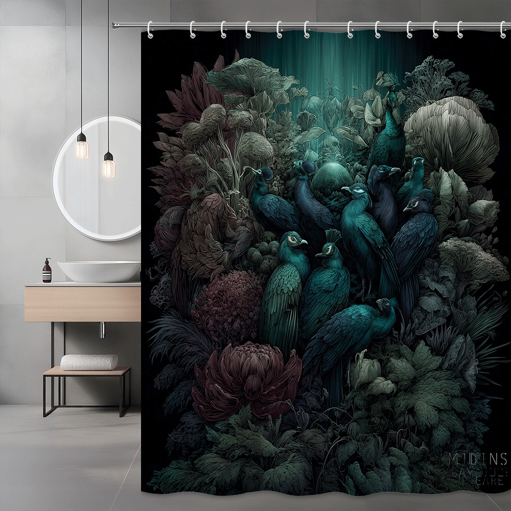 Gothic Bird Floral Shower Curtain Dark Botanical Print