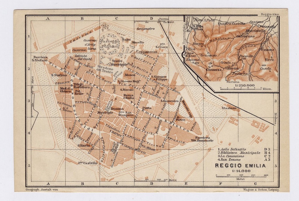 1908 Original Antique City Map Of Reggio Emilia / Emilia-Romagna / Italy