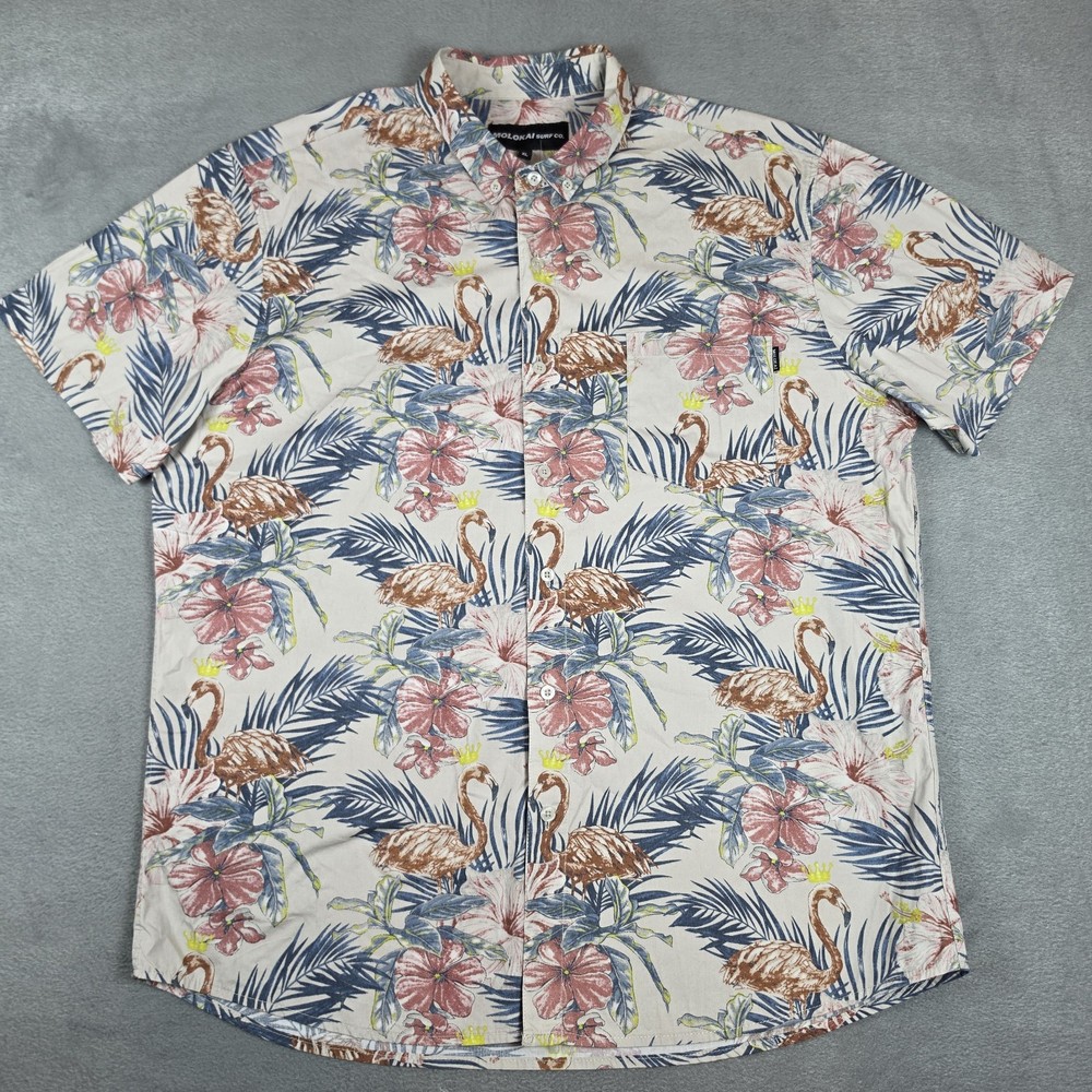 Molokai Surf Co Hawaiian Flamingo Floral Button Front Shirt Men's XL Cotton
