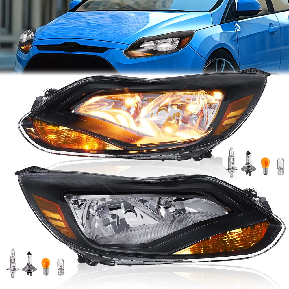 Ford Focus 2012-2014 Black Headlight Assembly Pair with Bulbs Left & Right