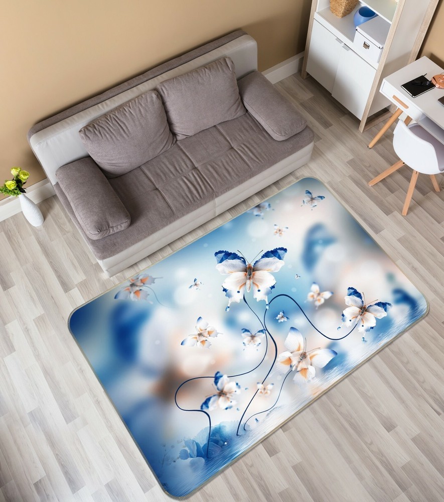 3D Blue Fantasy Butterfly Non-Slip Rug Mat Elegant Photo Carpet for Home Decor