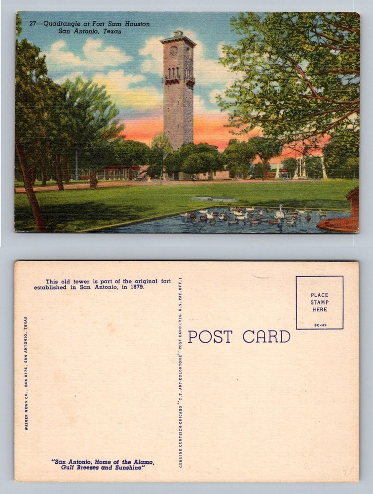 San Antonio, TX-Texas, Quadrangle Fort Sam Houston Tower Ducks Vintage Postcard