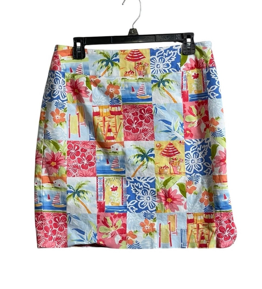 Talbots Vtg Skirt Size 12 Hawaiian Tropical Floral Palm Tree Beach Pencil USA
