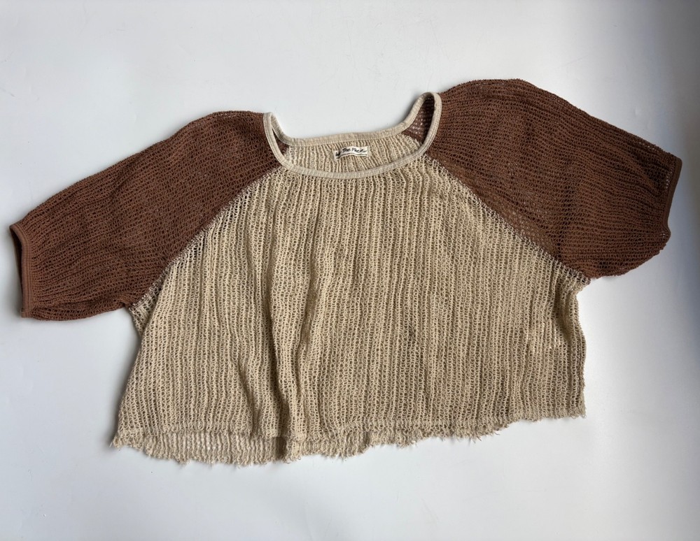 Free People Open Knit Crochet Crop Top Raglan Sleeves Tan Brown XL Boho