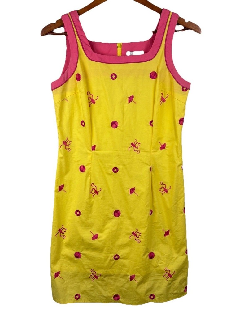 Lilly Pulitzer Spider Monkey Shift Mini Dress Size 8P Pink Yellow Sleeveless Zip