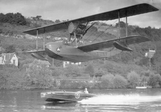 Race between a speedboat a hydroplane Seine near Paris October- 1932 Old Photo
