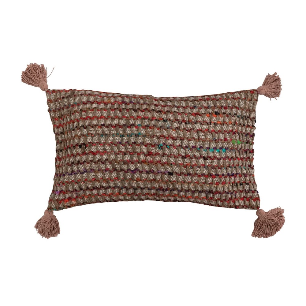 Bohemian Woven Cotton Lumbar Pillow with Tassels, 24x14 Inches