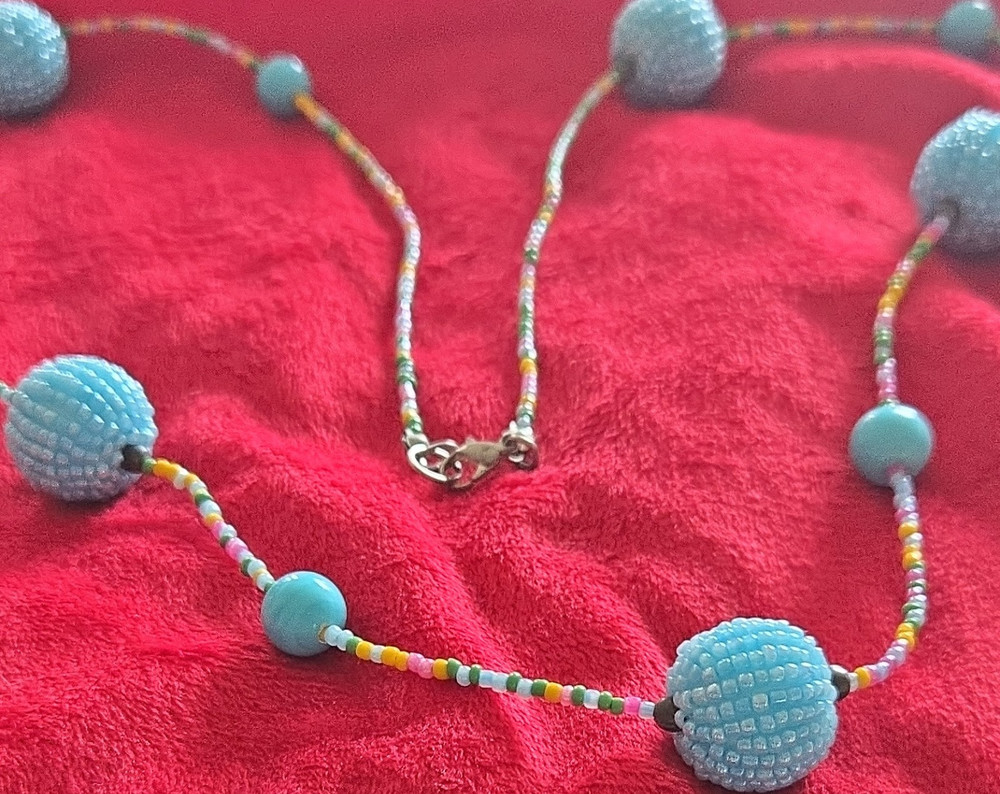 Handcrafted Beaded Glass Necklace Blue Multicolor Lobster Claw Closure Unisex