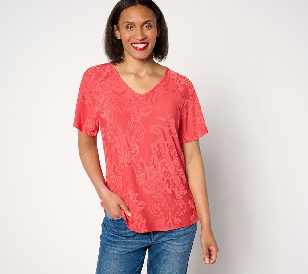 Denim & Co. Women's Top Plus Sz 1X Knit Raglan Flutter-Sleeve V-Neck Red A650624