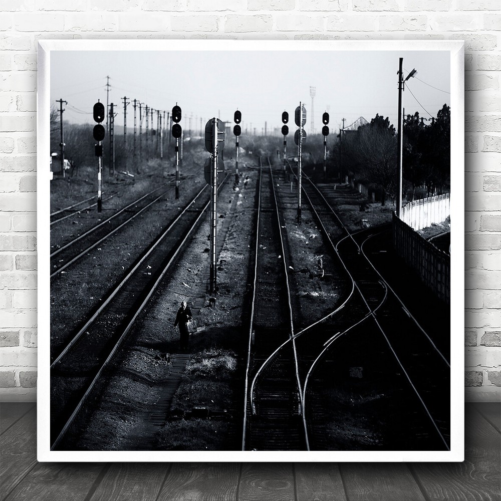 Woman Alone Lines Romania Tracks Railway Square Wall Art Print