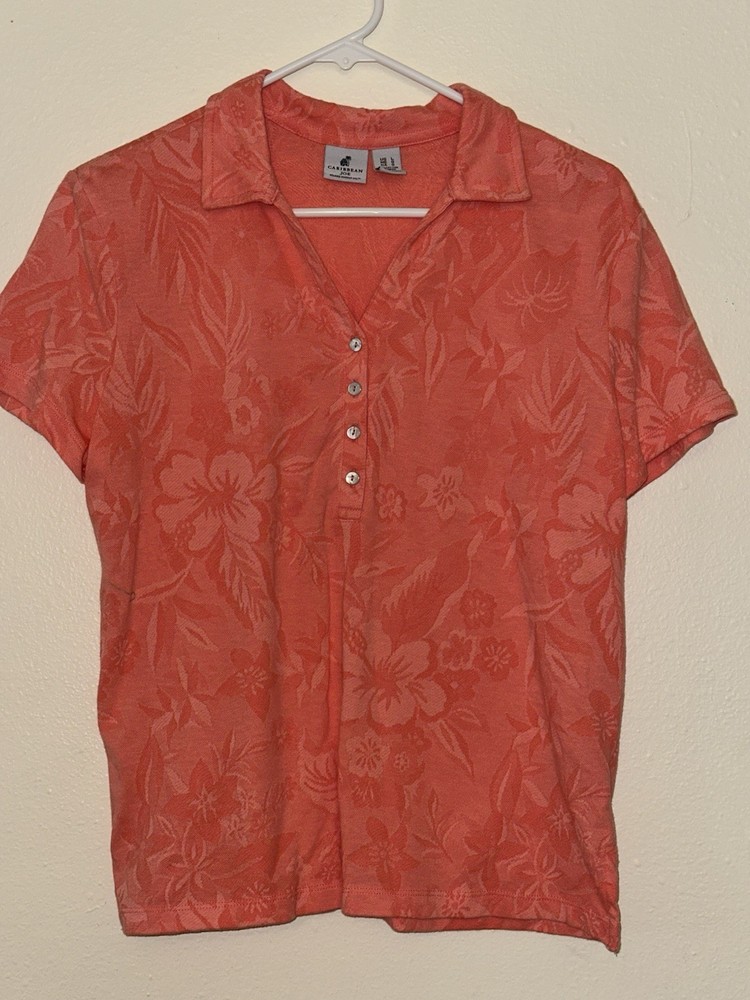 Caribbean Joe Coral Cotton Collared Button Floral Short Sleeve Blouse Size L
