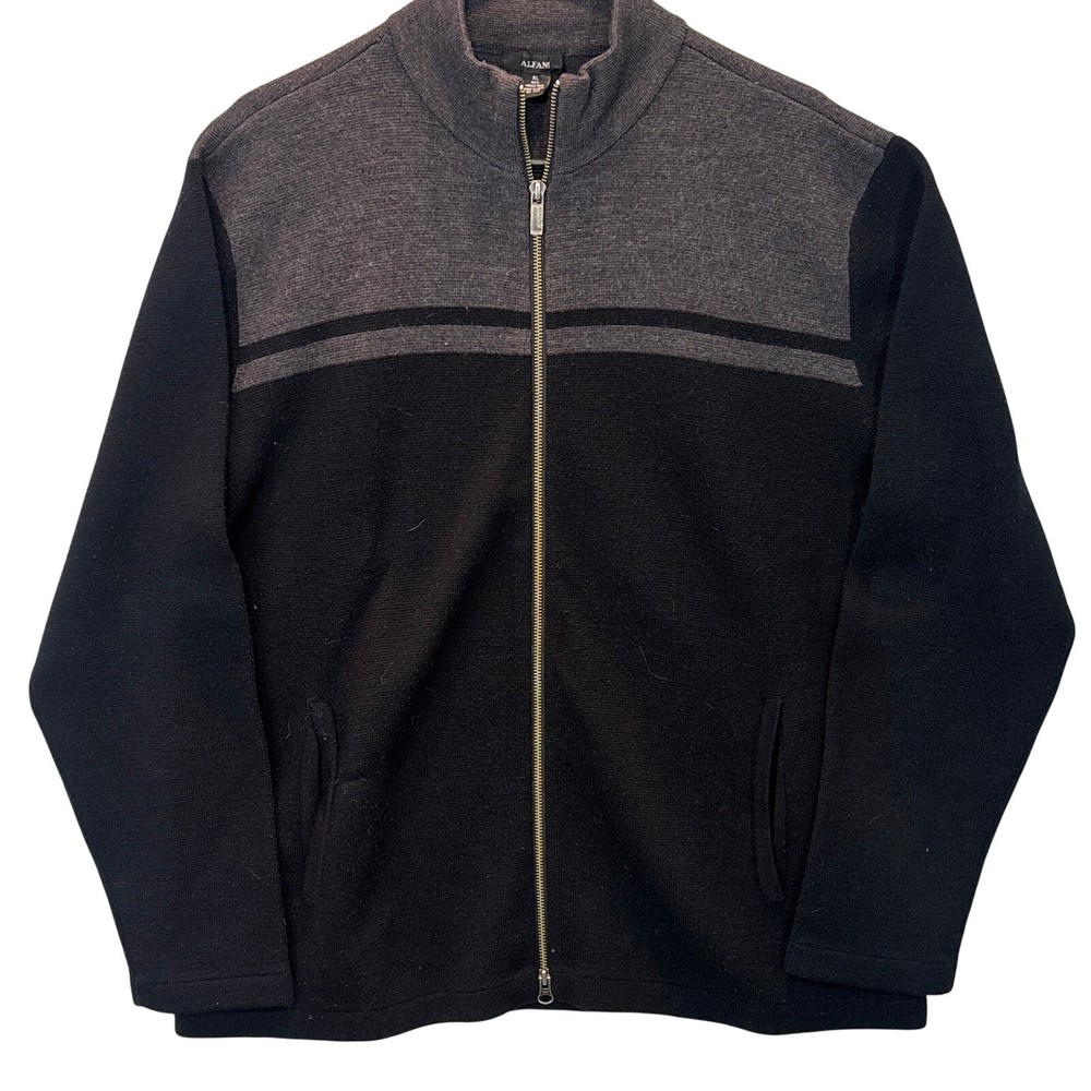 Merino Wool Alfani Sweater Jacket Mens XL Black Gray 100% Full Zip Mock Neck
