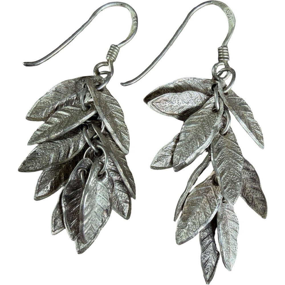 Vintage Sterling Silver Leaf Cluster Dangle Earrings 925 Nature Boho