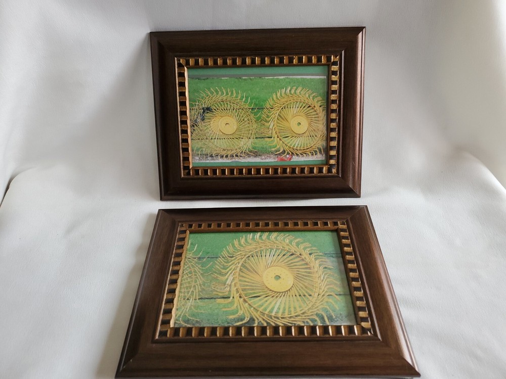 Pair of Picture Frames With Magazine Art Abstract Farm Wheels Art Green Yellow-image