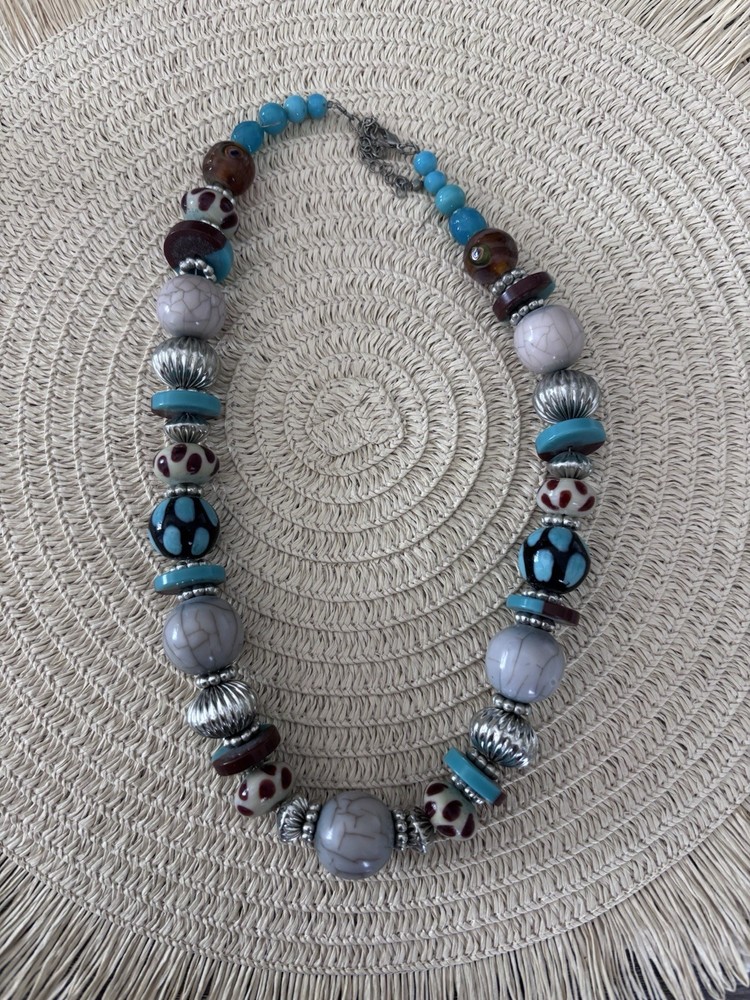 Handcrafted Multicolor Beaded Statement Necklace Glass Metal Plastic Bohemian