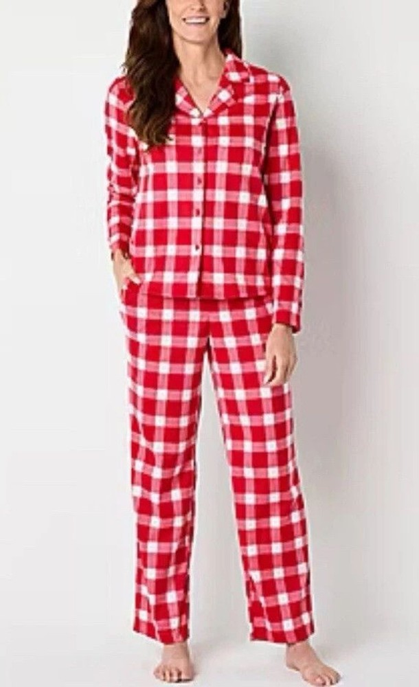 NWT Adonna Womens Fleece Long Sleeve Pant Pajama Set Size XS Red Check
