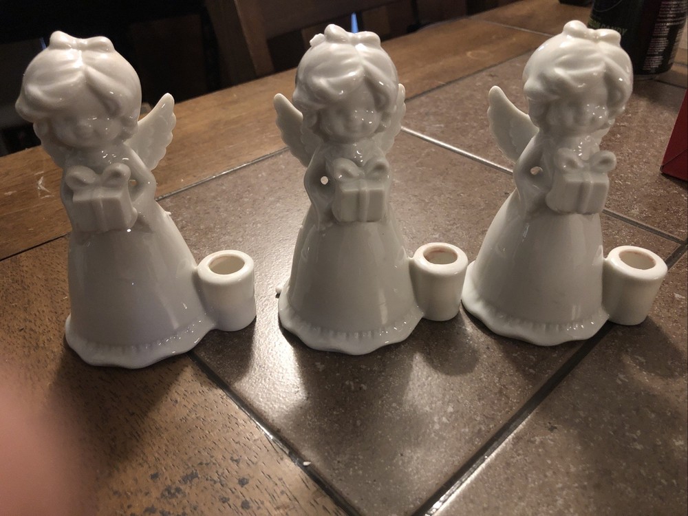 Vintage Scandinavian porcelain Christmas angel w/present candleholder Lot Of 3