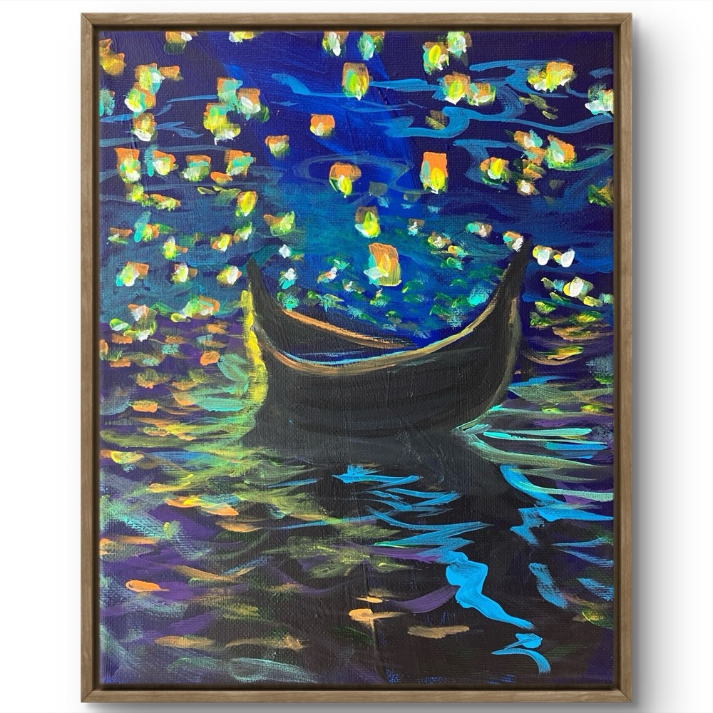 TITA PAINTZ Boat Lantern Night Sky Hand Painted Wall Art 8x10