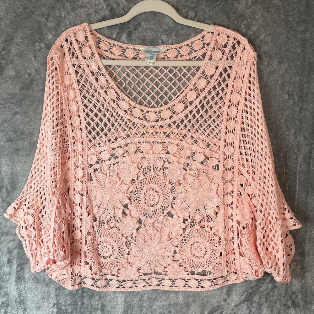 Sundance Top Womens Medium Pink Crochet Knit Peasant Cottagecore Boho Romantic