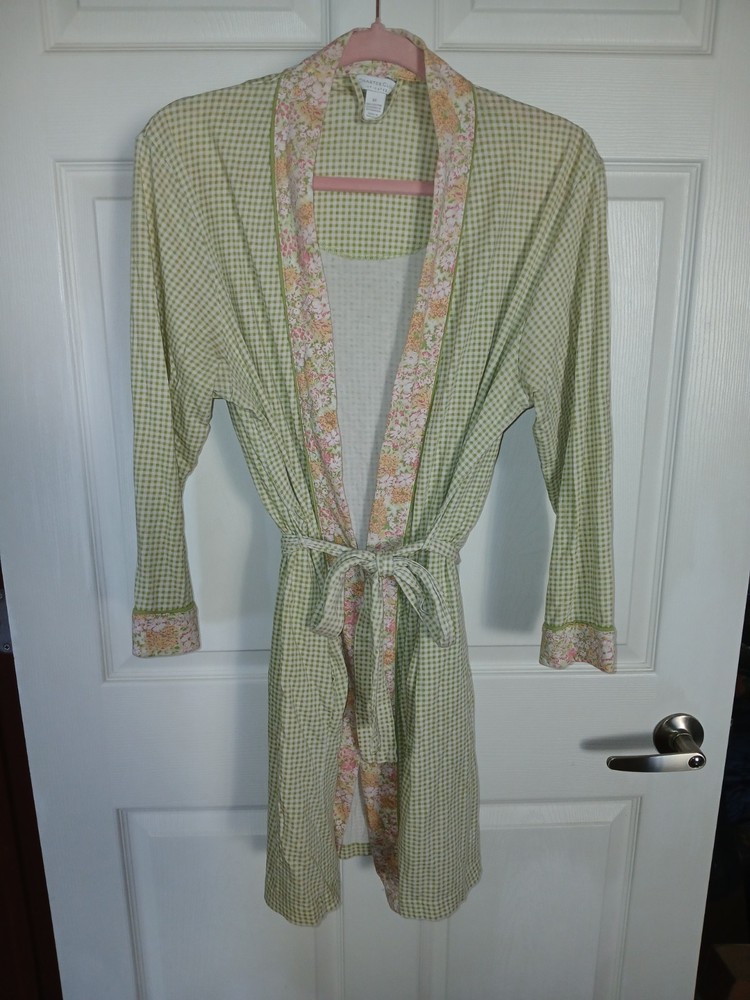 Charter Club Intimate Women's Medium Robe Gingham Ditsy Floral Green Pink Pocket