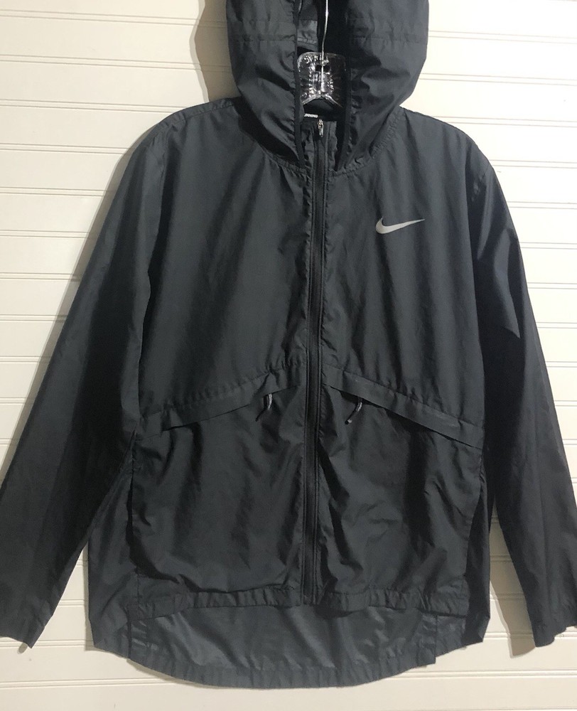 Nike Essential Running Vented Full Zip Black Hooded Windbreaker Jacket Women's L