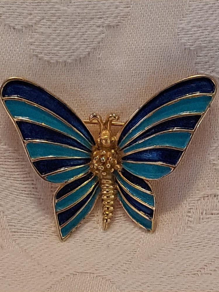 Vintage Marcel Boucher Enamel Butterfly Brooch Pin Blue Turquoise Gold Tone
