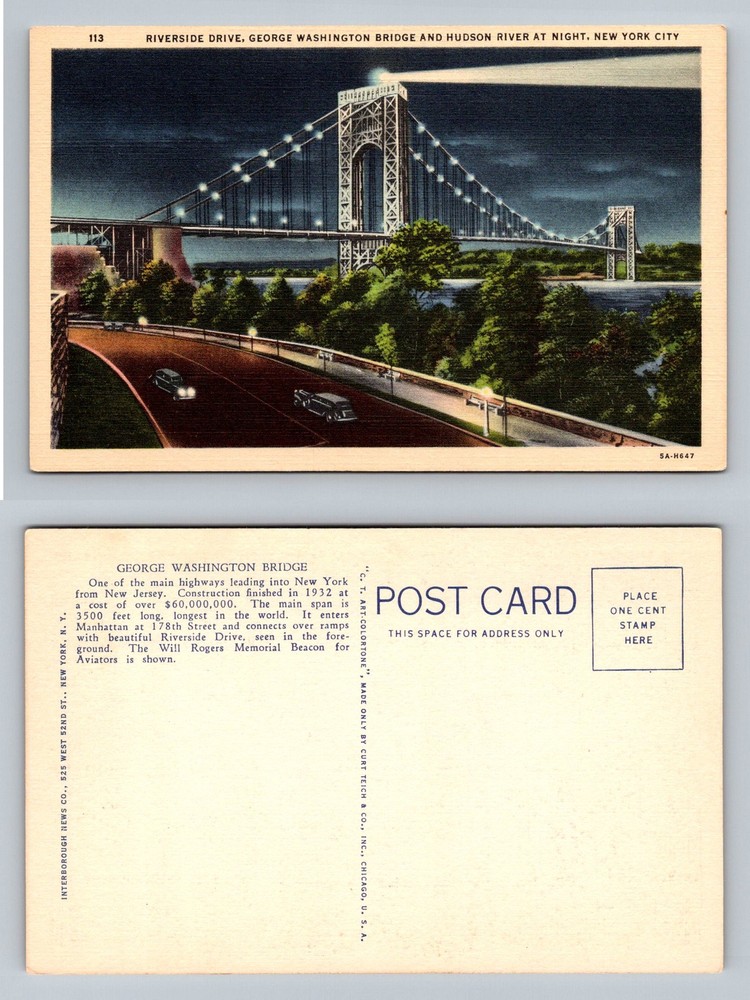 New York City, NY-New York, George Washington Bridge At Night Vintage Postcard