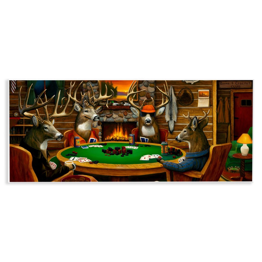 Stupell Deer Animals Playing Poker Table Cabin Lodge Wood