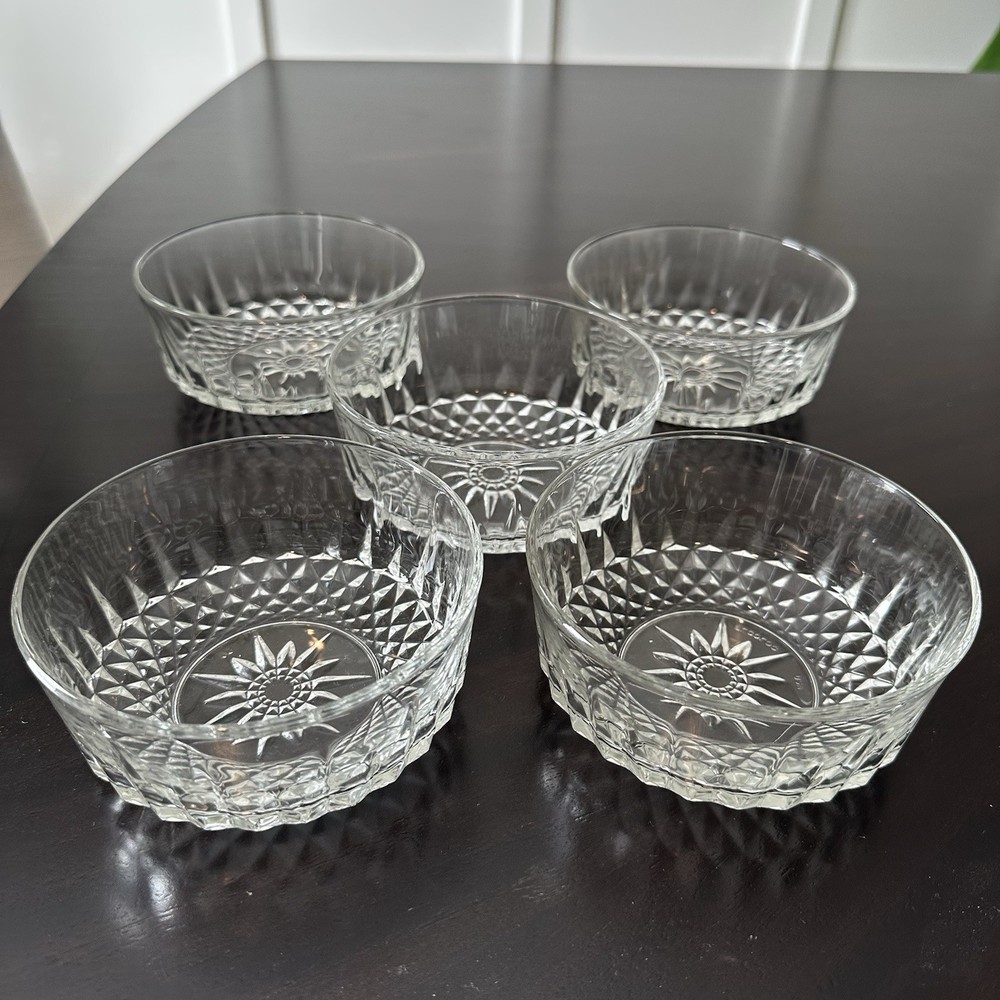 5 Vintage Diamant Starburst Arcoroc French Bowls Brilliant Cut Round Dessert