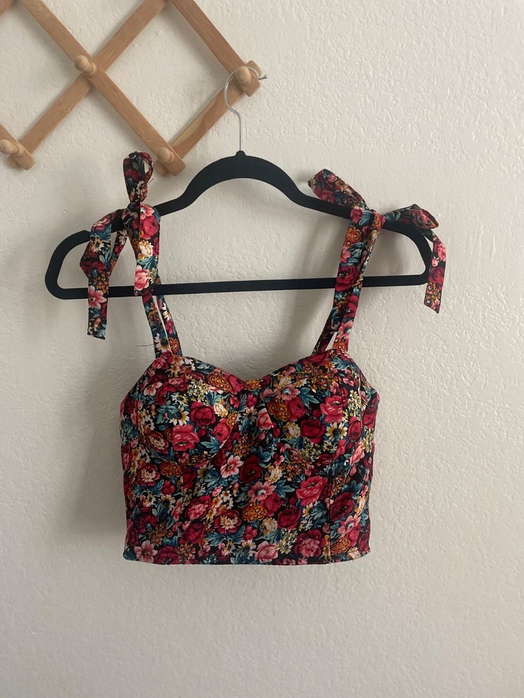BOG Collective Floral Corset Crop Top Size S Adjustable Tie Straps Smocked Back