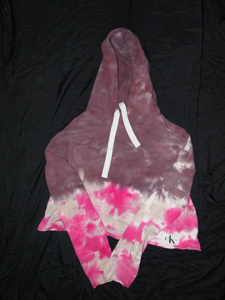 Calvin Klein Women's Hoodie CK Logo Crop Top Sweatshirt Pink Size L Tie Dye