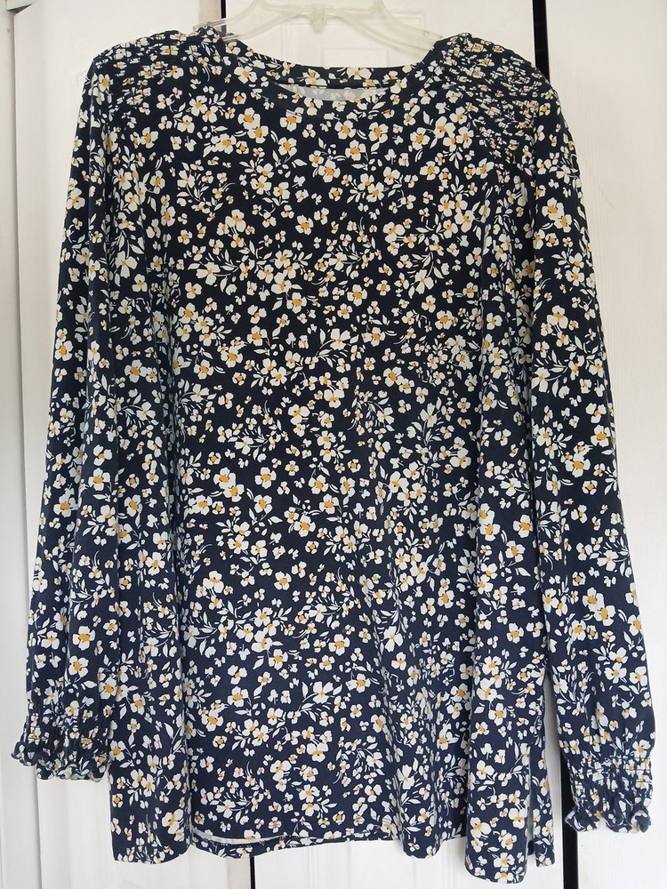 J. Jill Smocked Ditsey Floral Tunic Peasant Navy Blue Yellow Cotton Blend 2X