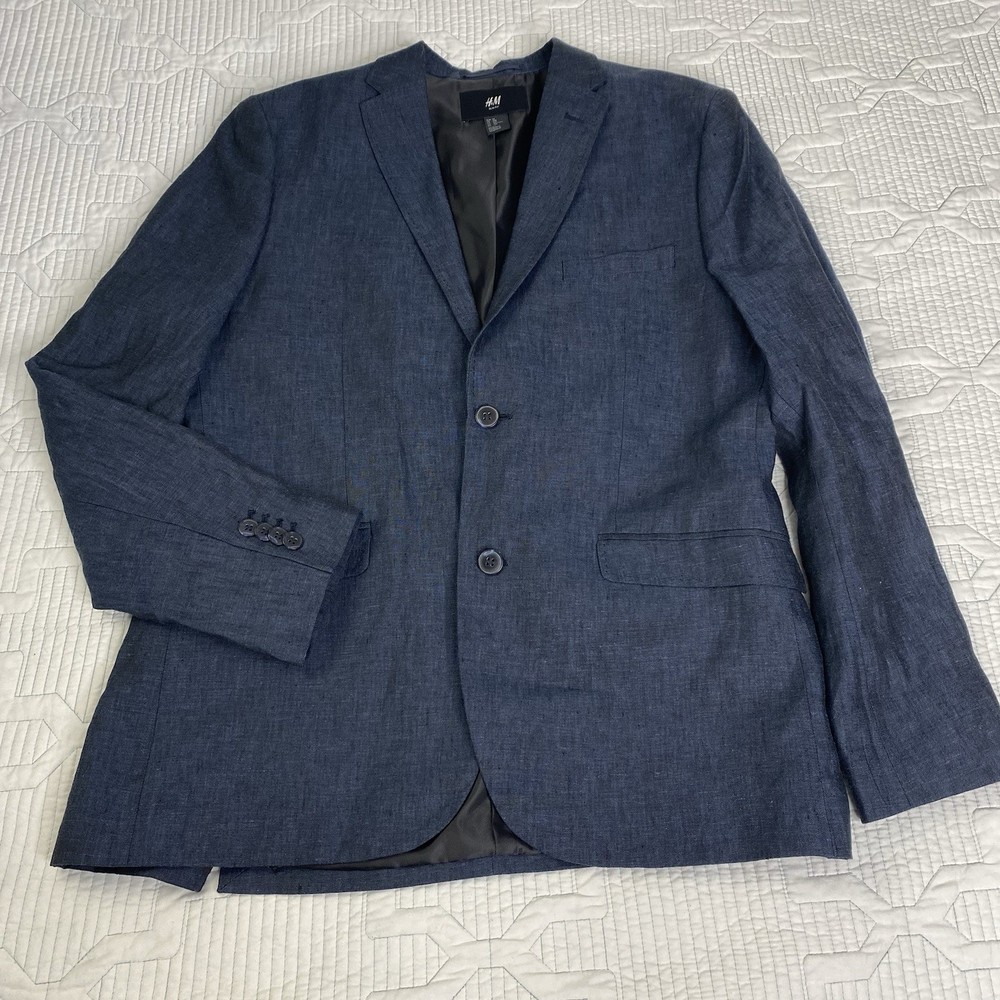 H&M Jacket Men 44R Blue 100% Linen Slim Fit Sport Coat Preppy