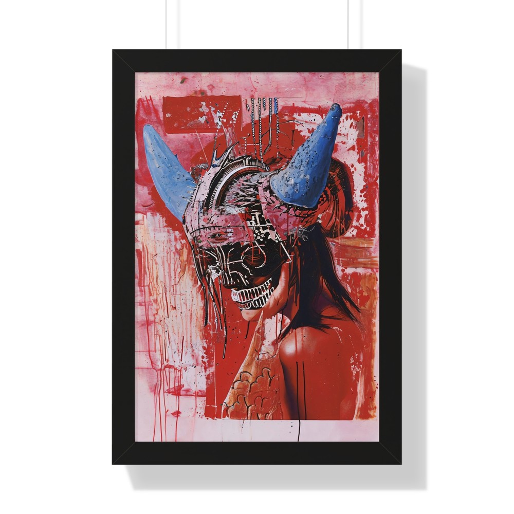 Dark Abstract Skeleton with Blue Horns - Edgy Dripping Paint - Framed Art Print-image