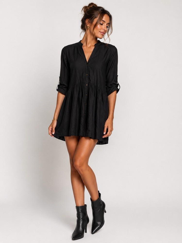 Zara Woman Black Button Front Mini Dress 3/4 Sleeve Tiered Women’s Small