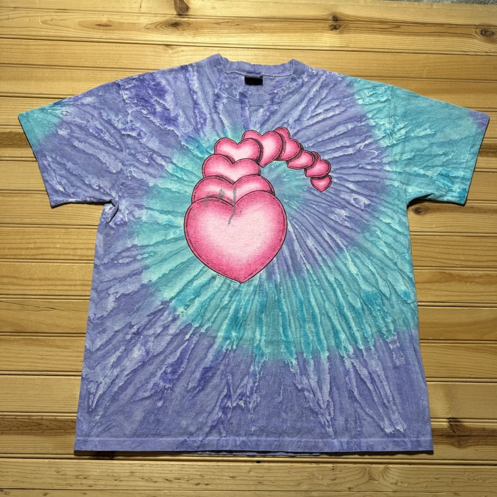 Vintage 90s Falling Hearts Single Stitch Graphic Swirl Tie Dye T-Shirt USA - XL