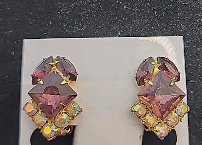 Vintage Gold-Tone Clipon Earrings W/Amethyst & Aurora Borealis Rhinestones