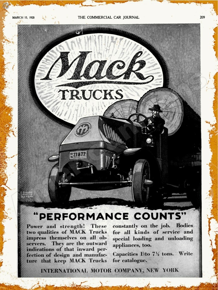 1920 International, Mack Trucks New Metal Sign: New York City - Log Hauler Shown