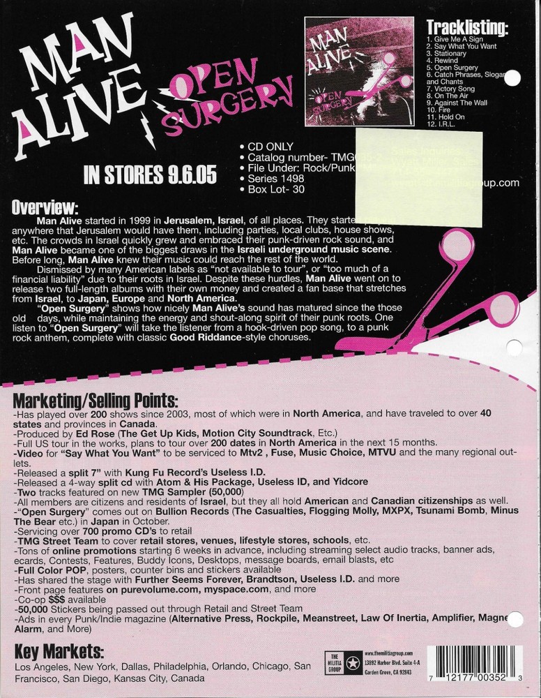 MAN ALIVE Rare VINTAGE 2005 PROMO TRADE AD Poster for Surgeon 8.5x11 MINT USA