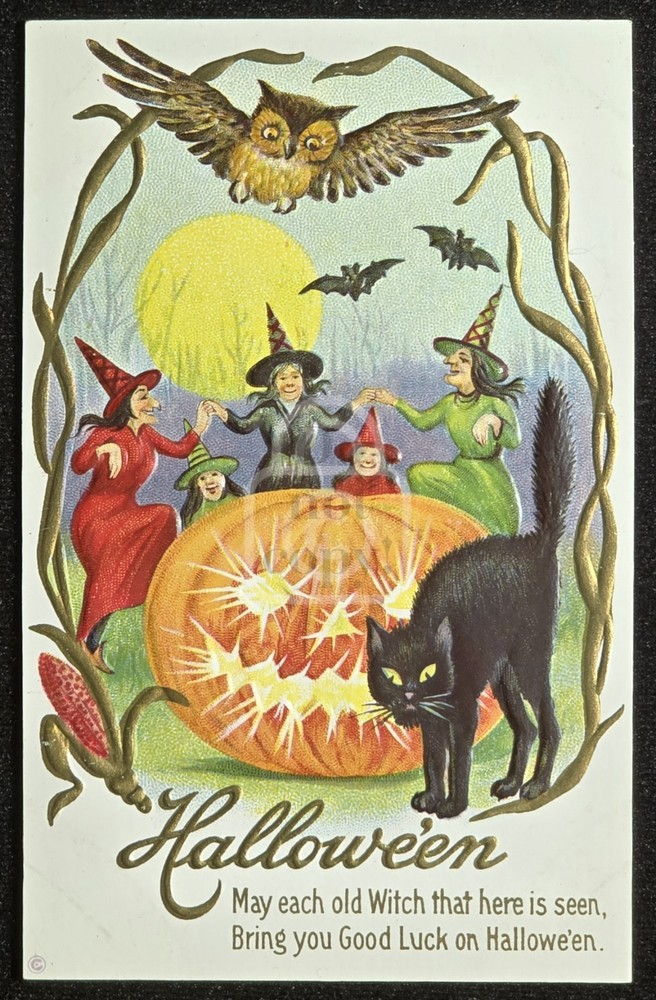 Scarce L.S.C. Halloween Postcard of JOL, Witches, Owl, and Black Cat. C 1910's