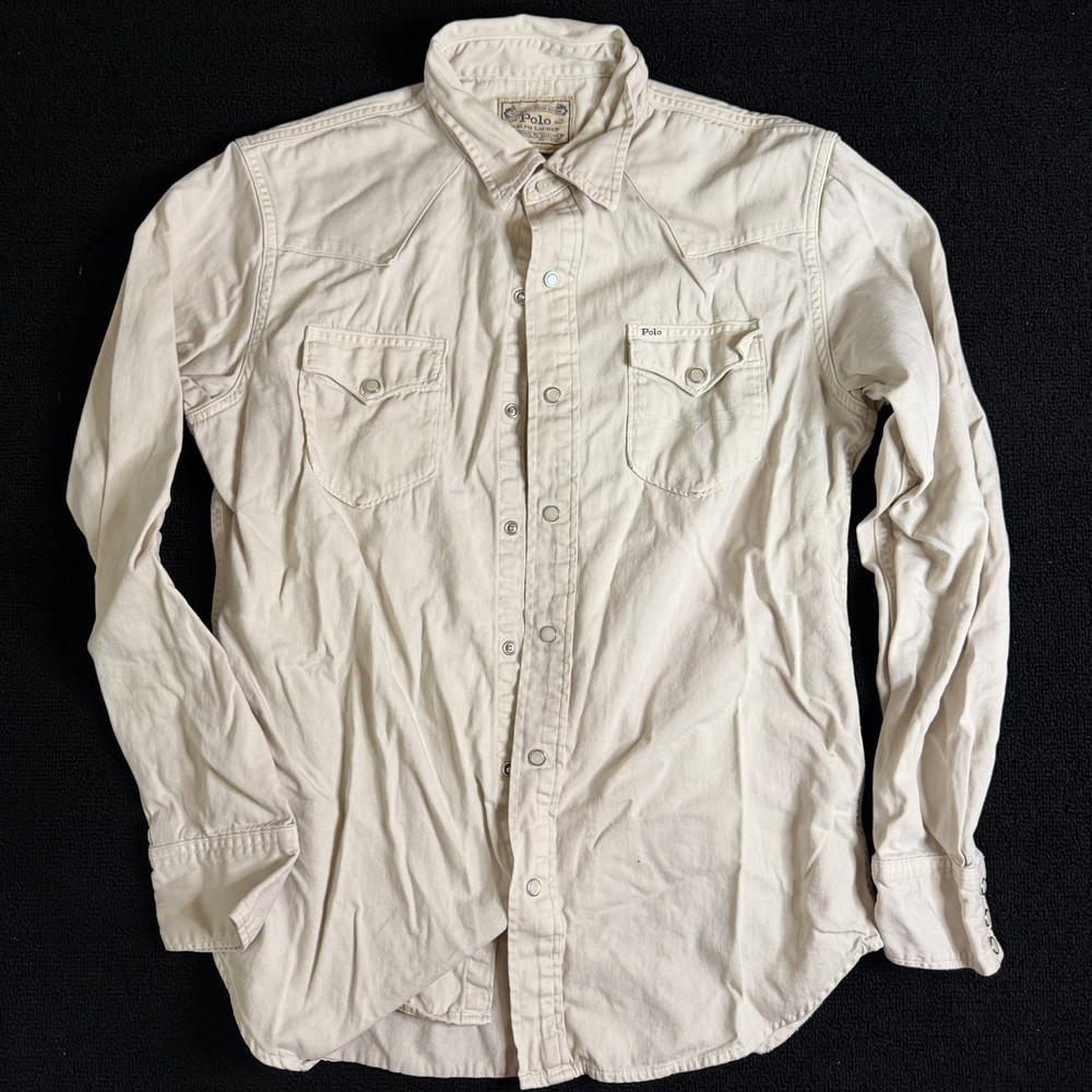 Polo Ralph Lauren Western Pearl Snap Shirt Mens Medium Cream Ivory Denim Goods