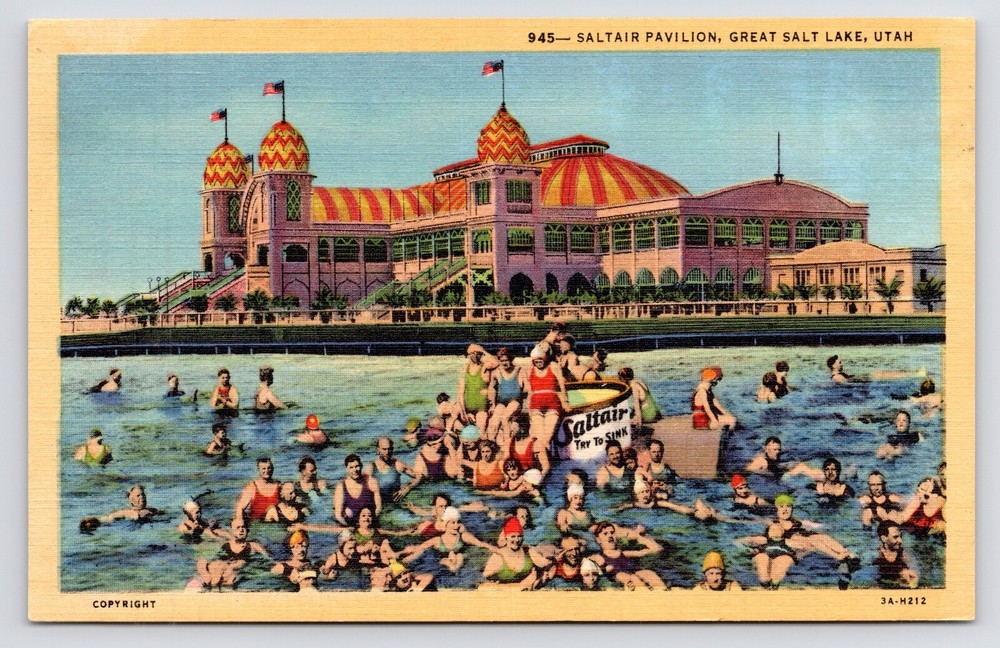 c1930s~Great Salt Lake Utah UT~Saltair Pavillion~Bathers Floating~VTG Posctard