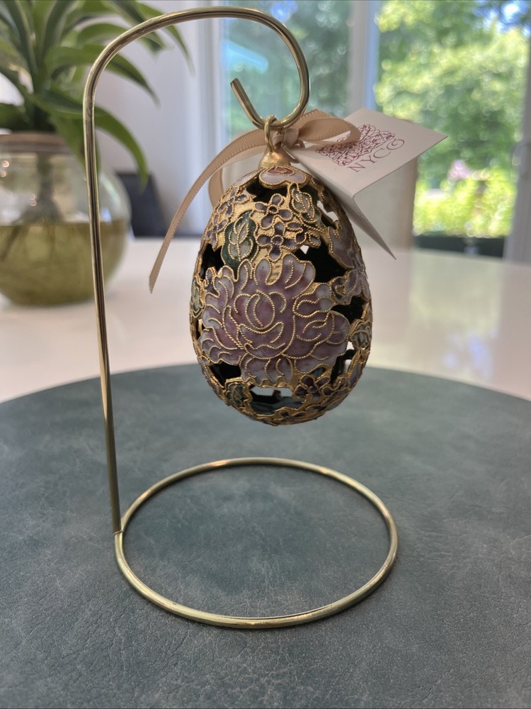 Cloisonné Egg On Stand Gold Purple Flower Design