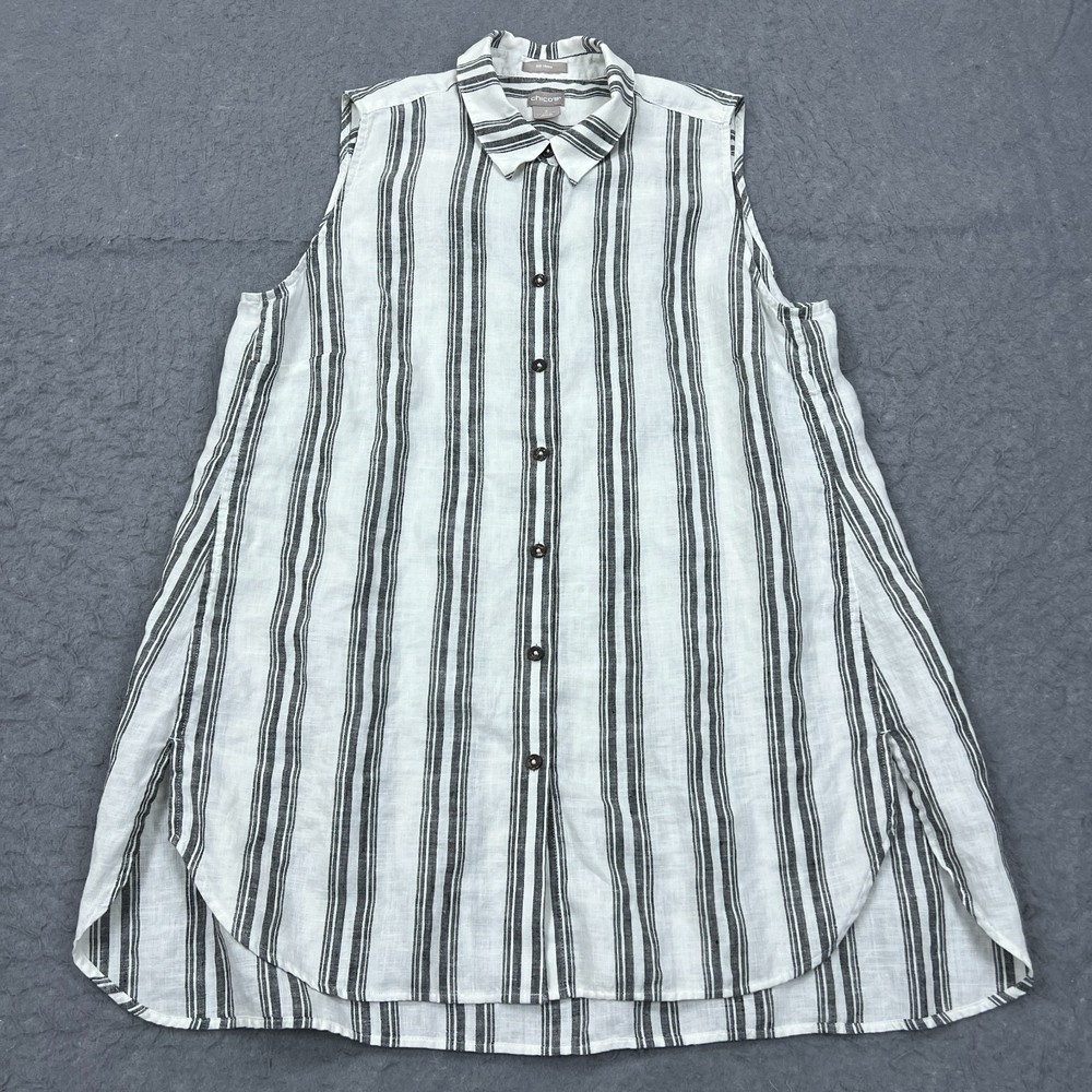 Chicos Top Women's 2 Ivory Striped 100% Linen Button Up Tank Sleeveless Shirt